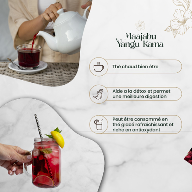 Image montrant une personne versant une infusion d'hibiscus dans une tasse au-dessus et un verre de tisane glacée avec citron et paille au-dessous. À droite, des icônes et du texte décrivent les bienfaits : 'Thé chaud bien-être', 'Aide à la détox et permet une meilleure digestion', et 'Peut être consommé en thé glacé, rafraîchissant et doux en antioxydants'. Fond clair orné de motifs floraux avec le logo Maajabu Yangu Kama en haut.