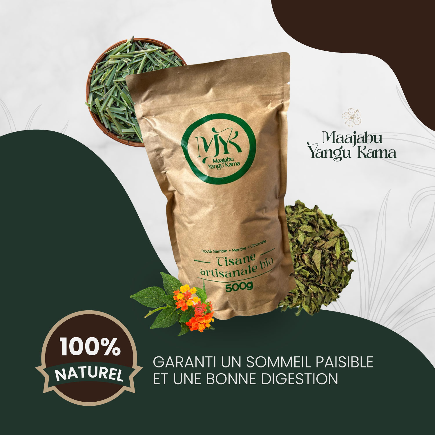 Sachet de tisane Maajabu Yangu Kama avec des feuilles de plantes, des fleurs, et un badge indiquant '100% naturel', accompagné du texte 'Garanti un sommeil paisible et une bonne digestion